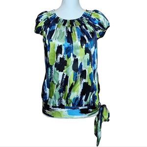 Takara Green Blue Short Sleeve Tie Front Cute Business Workwear Blouse Top Sz M